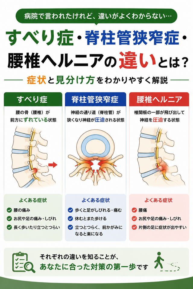すべり症・脊柱管狭窄症・腰椎ヘルニアの違いとは?症状と見分け方を解説