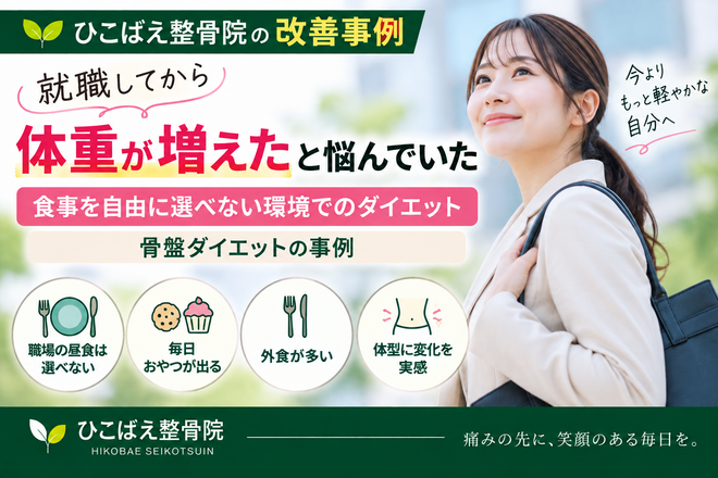 就職後の体重増加と職場での食事に悩んでいた骨盤ダイエットの事例｜西宮市 ひこばえ整骨院