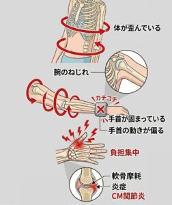 CM関節炎は体の捩れで痛みが出てくるという図