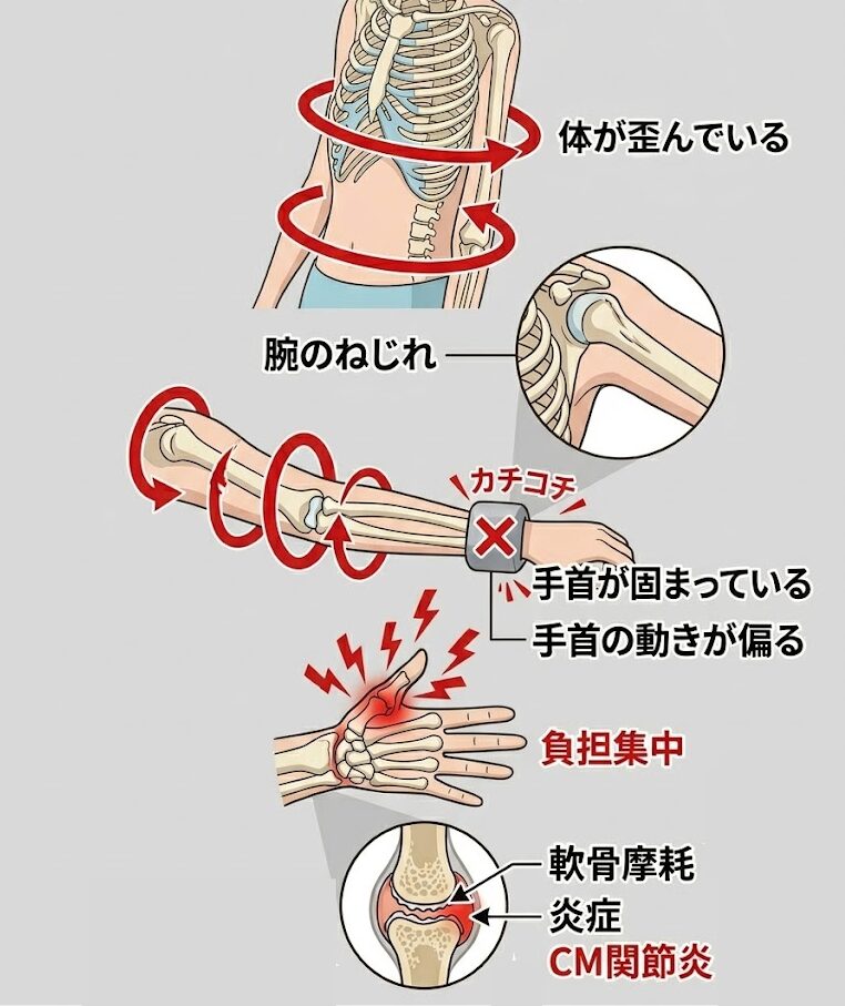 CM関節炎は体の捩れで痛みが出てくるという図