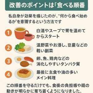 改善のポイントは「食べる順番」 私自身が効果を感じたのが、“何から食べ始めるか”を意識するという方法です。