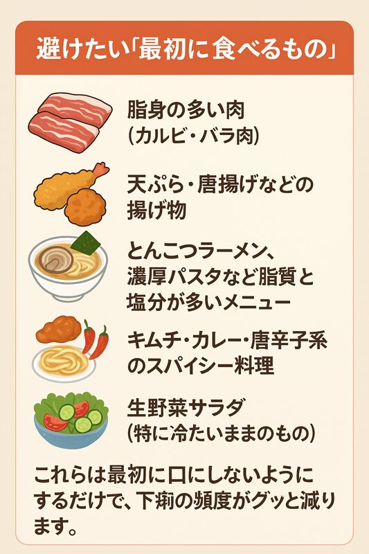 空腹時に避けたい食べ物。下痢をしやすくなってしまう食事。
