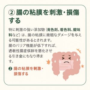 腸の粘膜を刺激・損傷する特に刺激の強い添加物（発色剤、着色料、酸味料など）は、腸の粘膜に微細なダメージを与える可能性があるとされます。 腸のバリア機能が低下すれば、過敏性腸症候群を悪化させる引き金にもなり得ます。