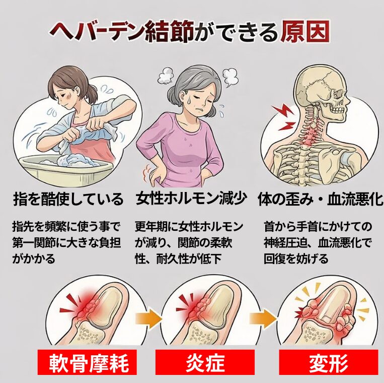 へバーデン結節になってしまう要因をずで示している。
