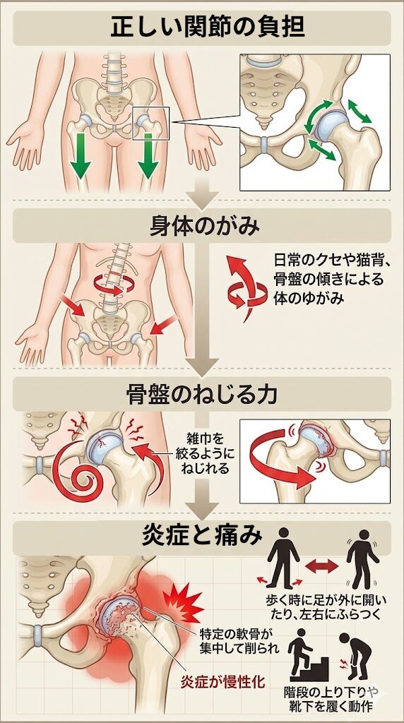 変形性股関節症が体の捩れで症状が悪化する理由