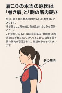 肩こりの本当の原因は、巻肩と胸の前が硬くなってしまっていること。筋肉が萎縮をすることにより結果的に肩こりを発症する。