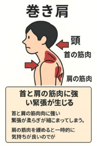 頭が前に落ちてしまうことにより、首と肩の筋肉ががんばりすぎて、肩こりや首こりになる