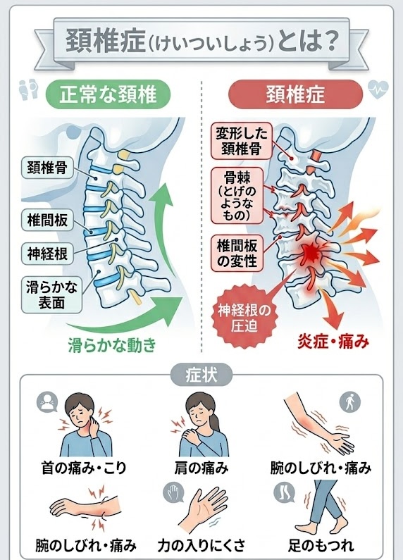 頚椎症の原因を西宮のひこばえ整骨院が解説しているイラスト