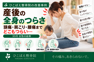 産後の頭痛・肩こり・腰痛など全身のつらさで悩んでいた30代女性の症例｜西宮市 ひこばえ整骨院