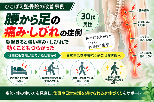 腰から足の痛み・しびれで朝の起き上がりがつらかった30代男性の腰椎ヘルニアの症例