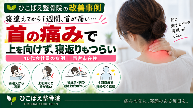 寝違え後の首の痛みで上を向けず寝返りもつらかった40代会社員の症例｜西宮市 ひこばえ整骨院