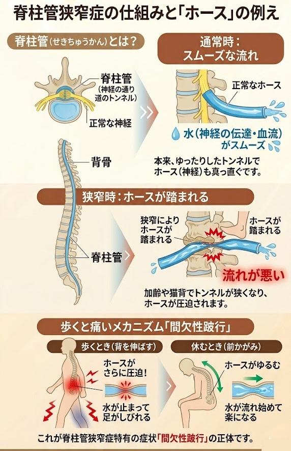 脊柱管狭窄症をホースに例えたイラスト