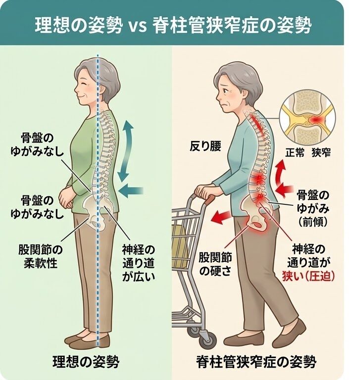 脊柱管狭窄症の姿勢と歩きにくさのメカニズム図解