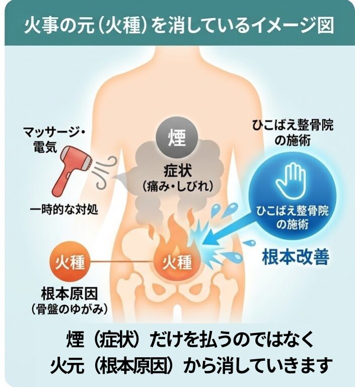 根本原因（火元）と症状（煙）を例えた脊柱管狭窄症の改善イメージ