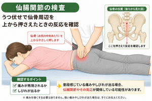 うつ伏せの状態で仙骨周辺を上から押さえたときに、痛みやしびれが出るか