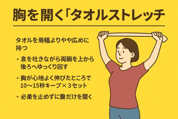 2. 胸を開く「タオルストレッチ」仙腸関節炎の改善