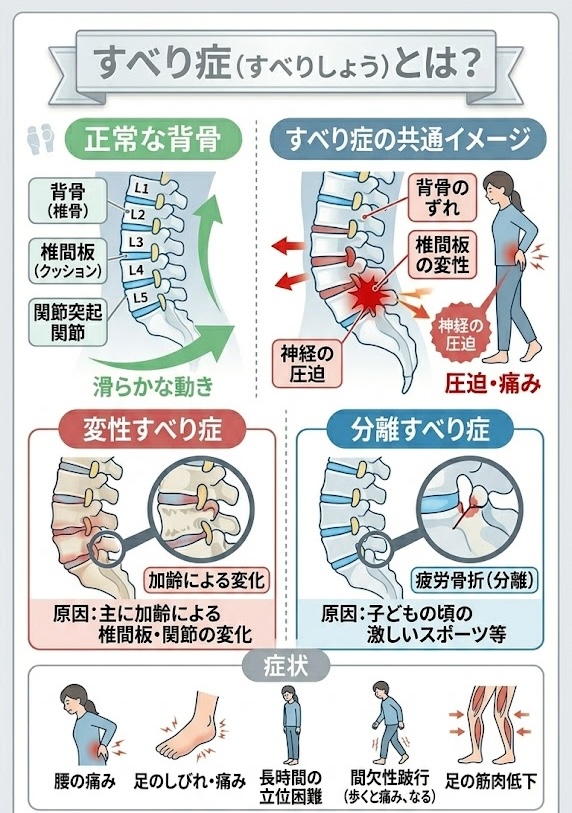 すべrり症の原因を、西宮のひこばえ整骨院が解説をしているイラスト