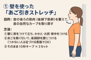 ストレートネック改善に効果的なストレッチ3選 ① 壁を使った「あご引きストレッチ」