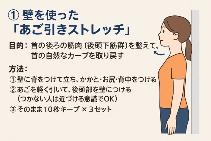 ストレートネック改善に効果的なストレッチ3選 ① 壁を使った「あご引きストレッチ」