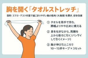 ② 胸を開く「タオルストレッチ」