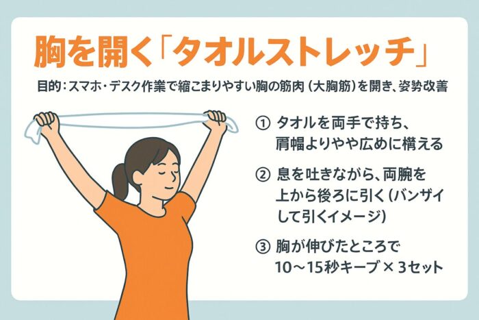 ② 胸を開く「タオルストレッチ」