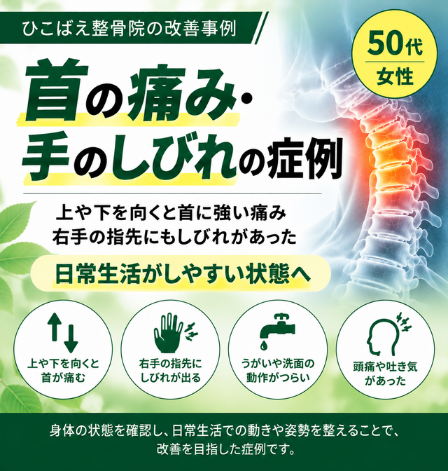 首の強い痛み・手のしびれで来院された50代女性の症例|西宮市 ひこばえ整骨院