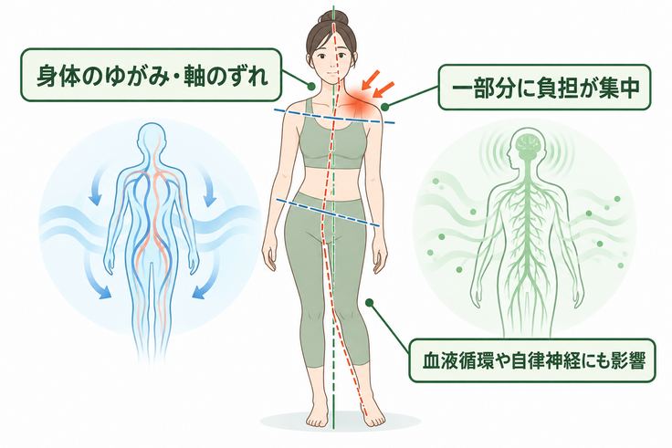 身体のゆがみによって一部分へ負担が集中する仕組み