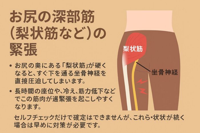 2. お尻の深部筋（梨状筋など）の緊張による坐骨神経痛
