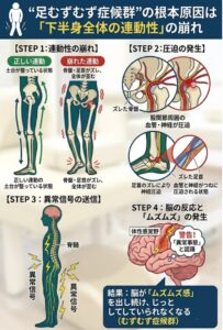 足むずむず症候群が体の歪みから脳に影響するというイラスト